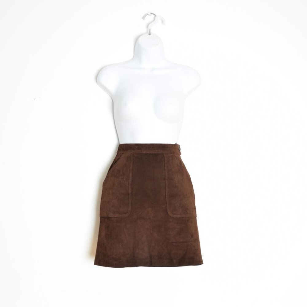 brown suede leather mini skirt high waisted hippie boho short gogo pockets XS 2